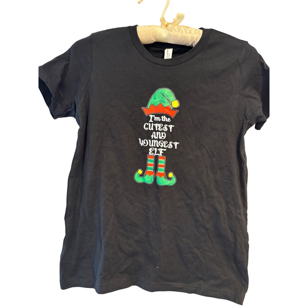 Bella+Canvas Kids Cutest Youngest Elf Christmas T-Shirt Black‎ Size L 14-16